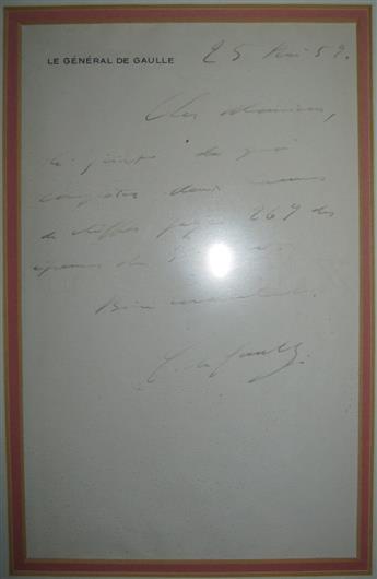 DE GAULLE, CHARLES. Autograph Letter Signed, twice (C. de Gaulle and C.G.), as President, to an unnamed editor, in French,